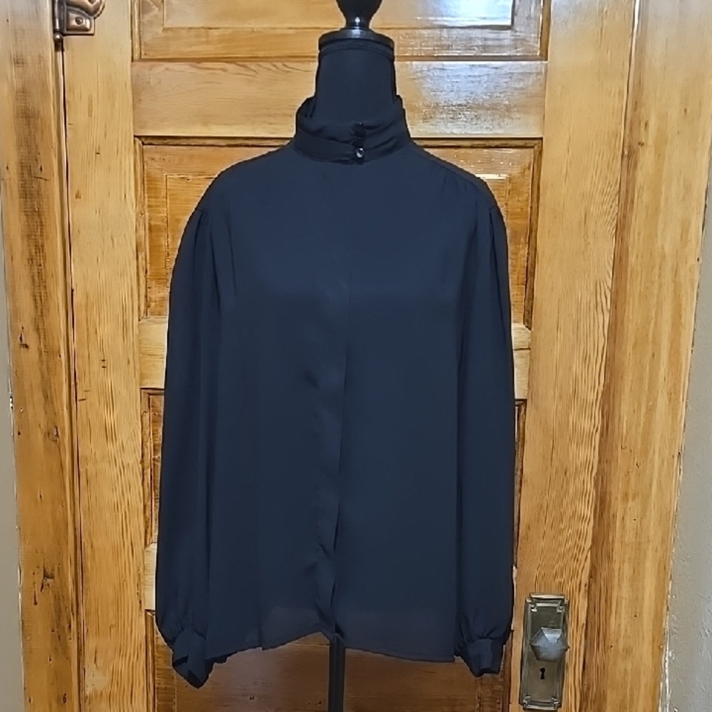 Vintage Laura Mae Timeless Black Long Sleeve Mock Collar Blouse 18